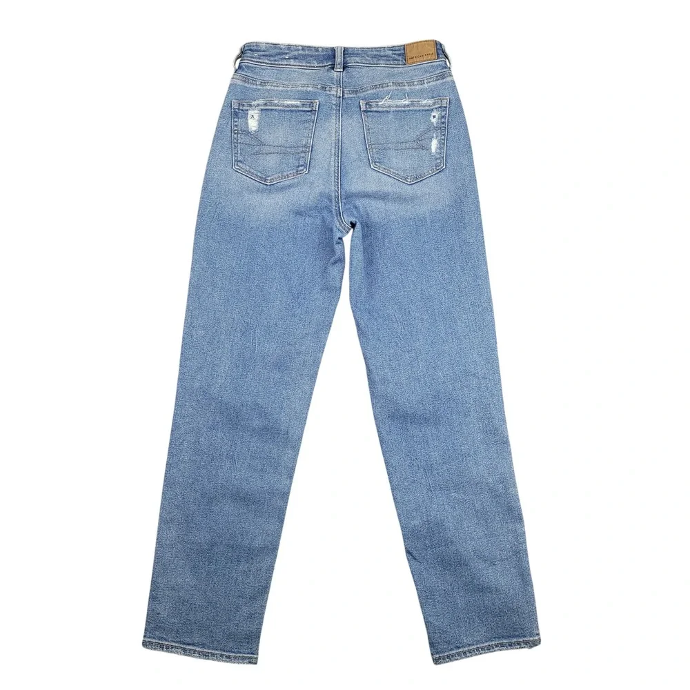 American Eagle Mom Straight Jeans Womens Sz 4 High Rise Distressed Denim Blue